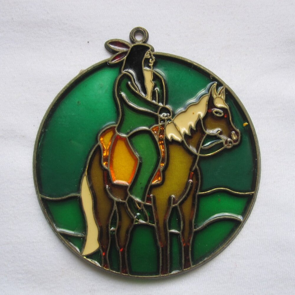 vintage 5" Metal Suncatcher: Native American Indian on Horseback